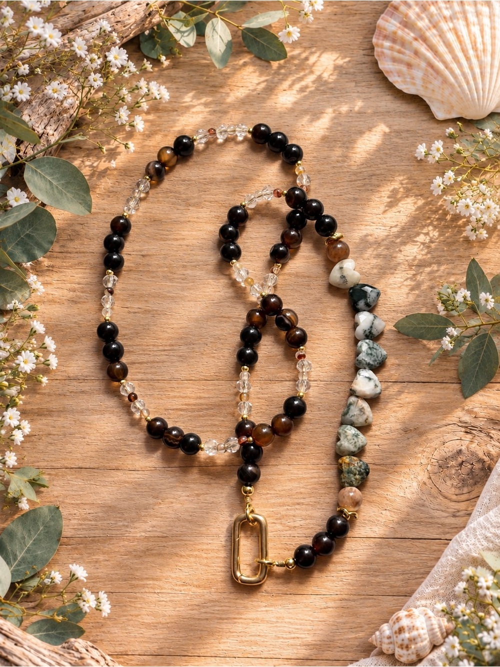 Handcrafted Brown agate and Tree agate Bead Necklace with Gold Plated Accents